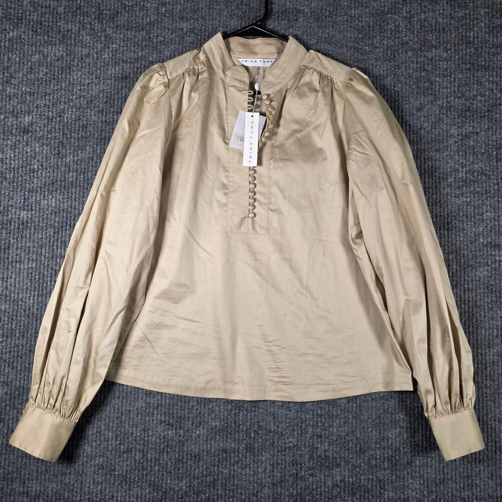 NWT Trina Turk Beige Puff Sleeve Button Front Blouse Top M Defect